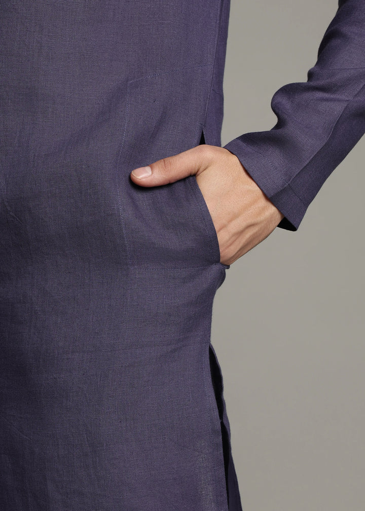 Zouq - Full Sleeve Collarless Pure Linen Mid Kurta  - Lapis Violet