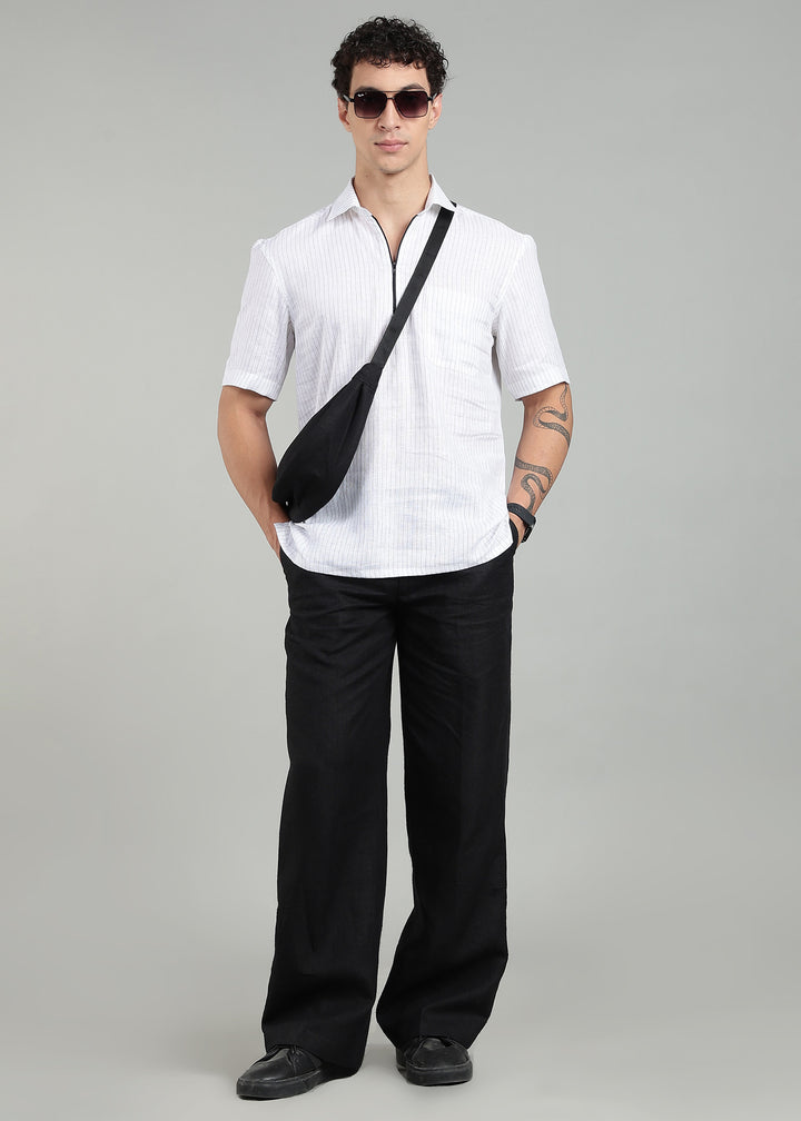 Mirage - Pure Linen Relaxed T-Shirt - Black Pinstripe