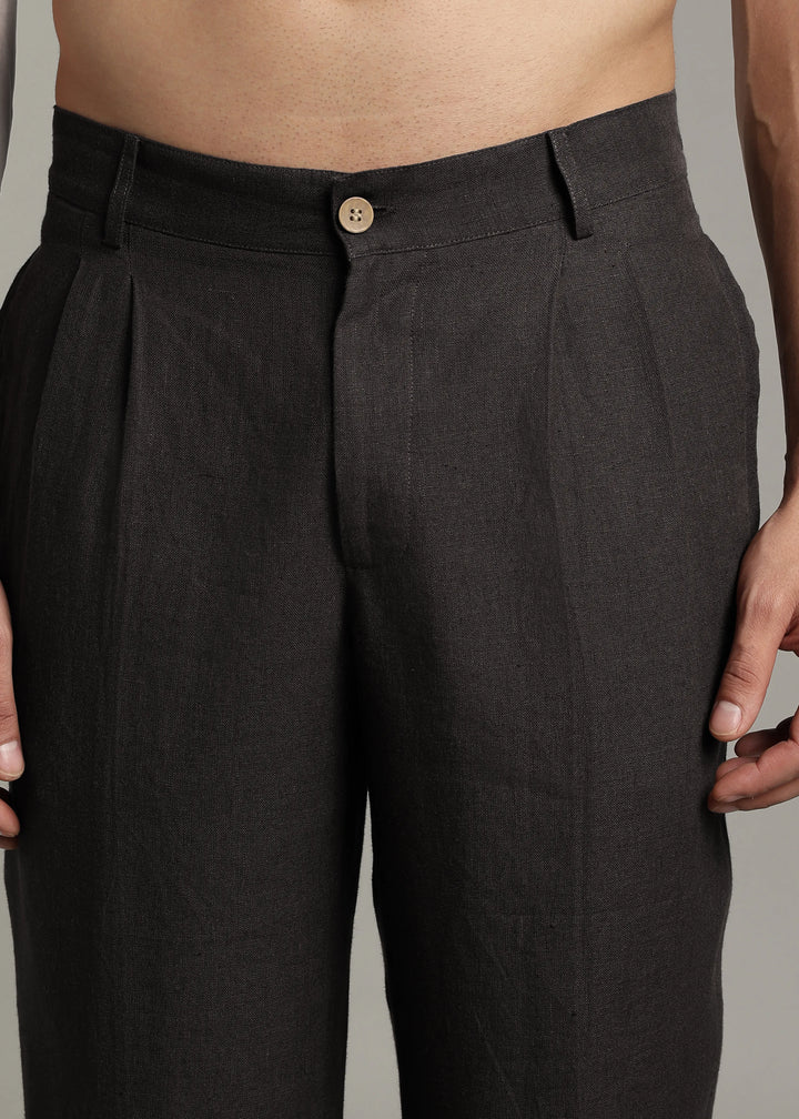 Calvin - Pure Linen Double Pleated Trousers - Black