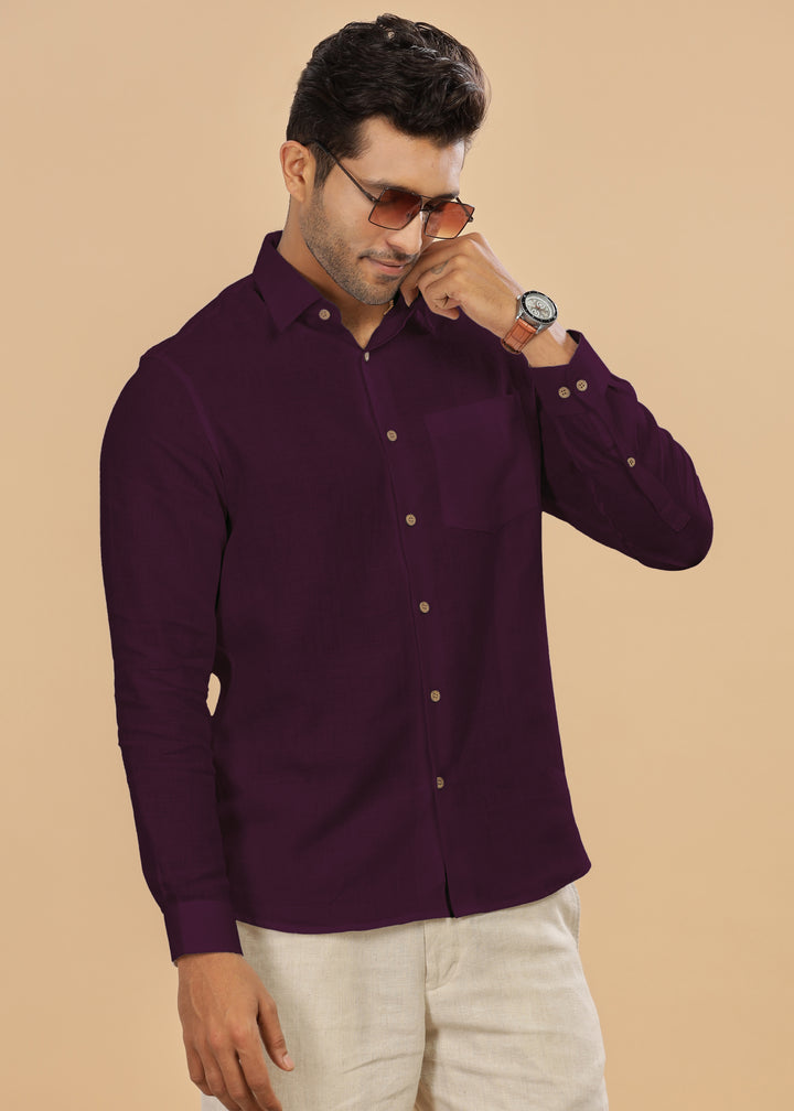 Ted - Pure Linen Full Sleeve Shirt - Dark Purple