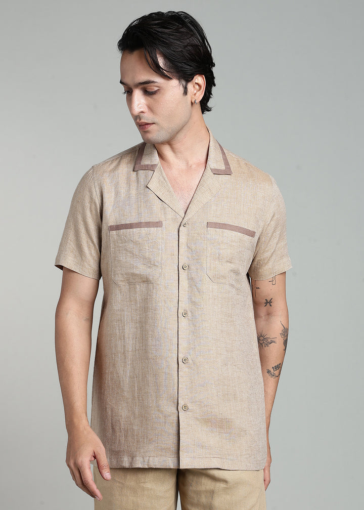 Sand - Pure Linen Half Sleeve Cuban Collar Shirt with Contrast Piping - Mocha