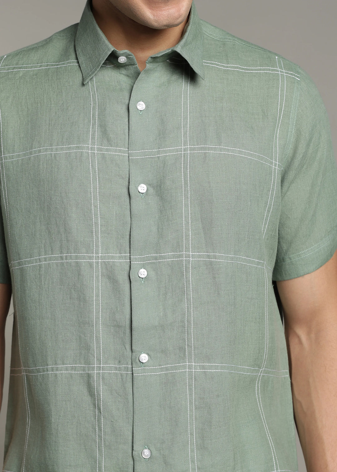 Mitch - Pure Linen Half Sleeve Stitch Detailed Checks Shirt - Spring Green