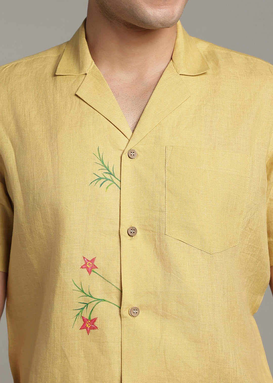 Hand-Painted Chethi - Pure Linen Half Sleeve Shirt - Sunburst Yellow
