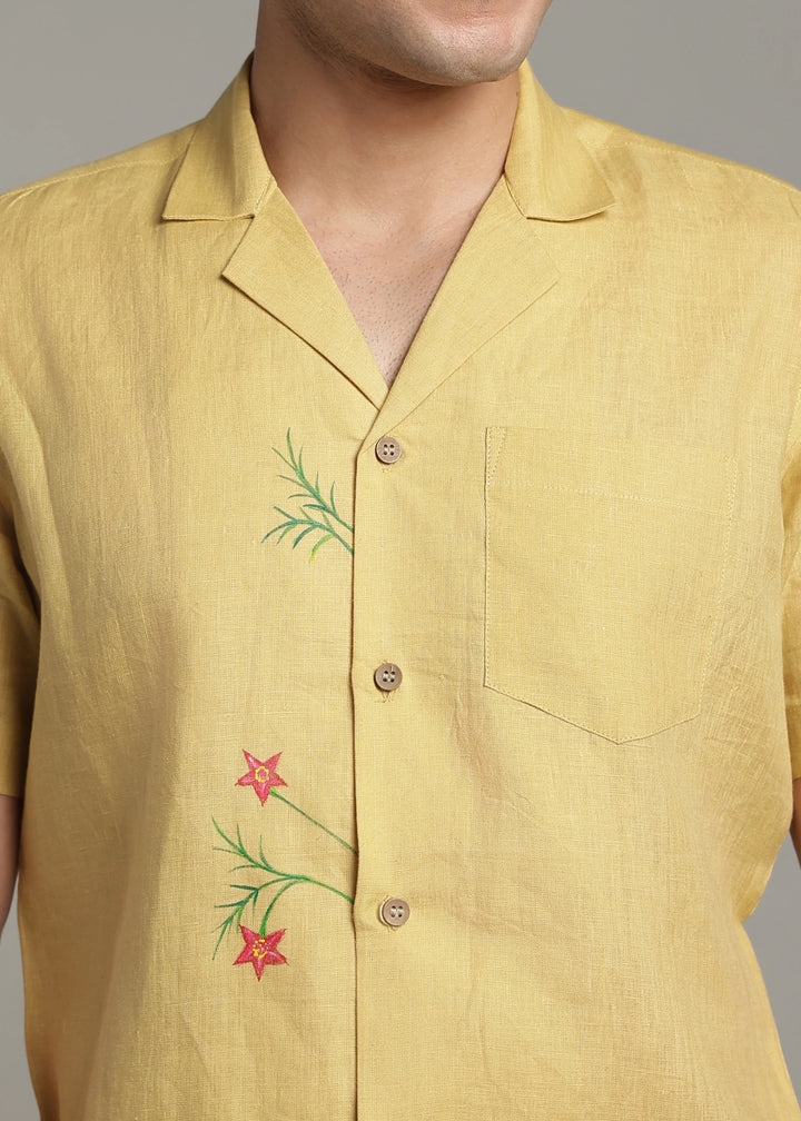 Hand-Painted Chethi - Pure Linen Half Sleeve Shirt - Sunburst Yellow