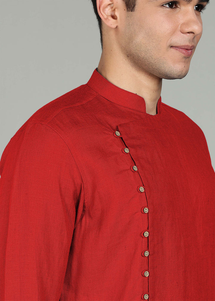 Vian - Full Sleeve Band Collar Pure Linen Kurta - Mud Red