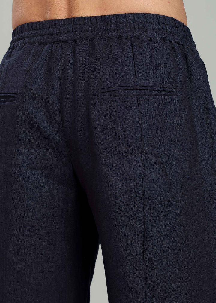 Art Pants - Pure Linen Elastic Casual Pants with Drawstrings - Regal Blue