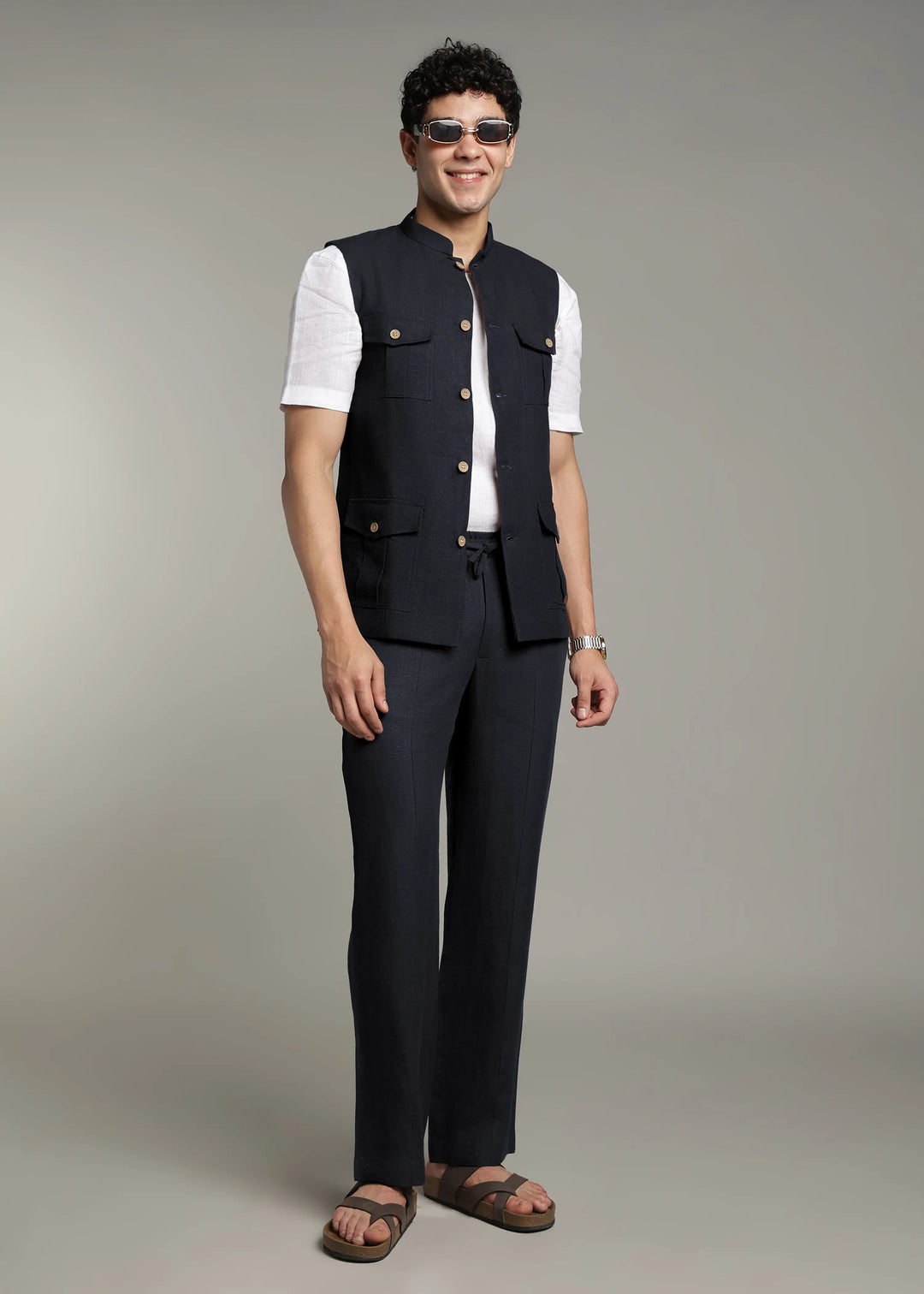Safar - Multi Pocket Pure Linen Nehru Jacket - Regal Blue