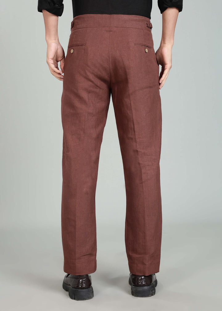 Wes Pants - Pure Linen Pleated Trousers with Adjustable Waistband - Amber Brown