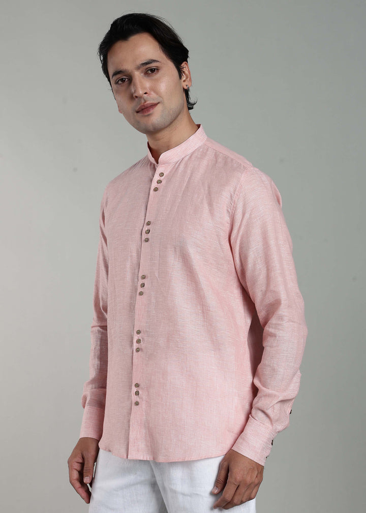 Flint - Pure Linen Shirt with Mandarin Collar & Trio Button Detail - Pink Chambray