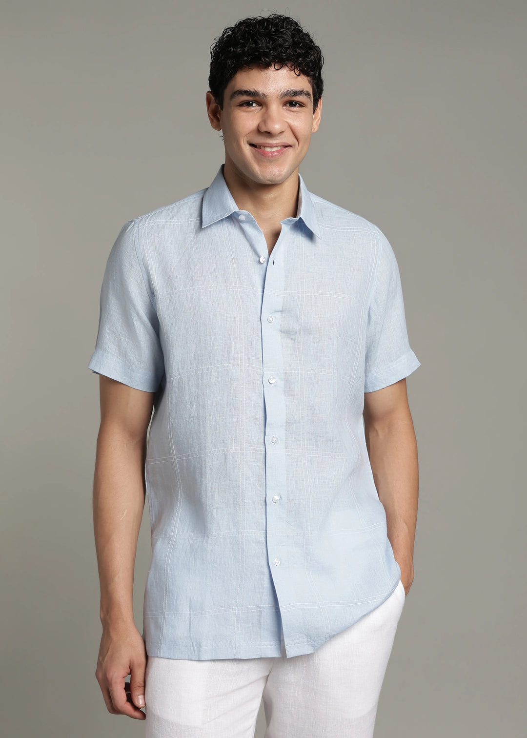 Mitch - Pure Linen Half Sleeve Stitch Detailed Checks Shirt - Sky Blue