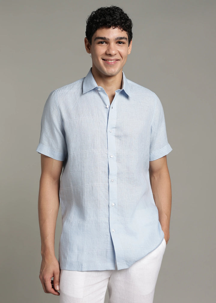 Mitch - Pure Linen Half Sleeve Stitch Detailed Checks Shirt - Sky Blue