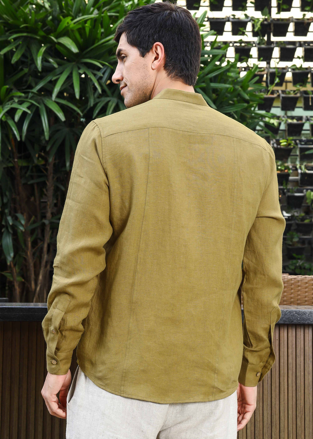 Trevor - Half Placket Pure Linen Full Sleeve Shirt - Golden Olive Green