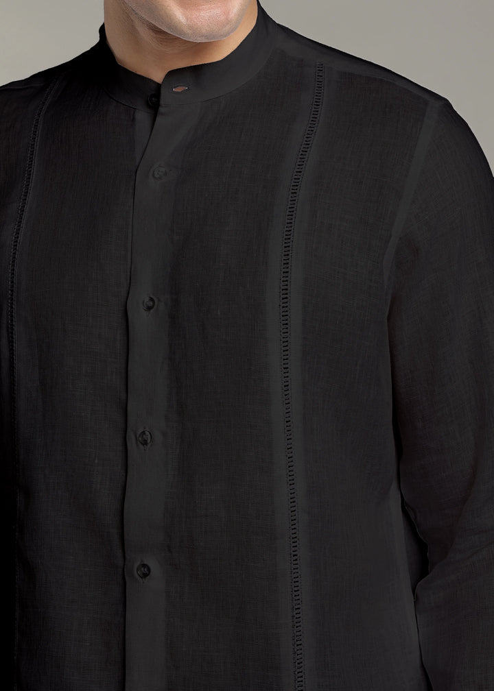Zephr - Pure Linen Mandarin Collar Lace Detail Full Sleeve Shirt - Black
