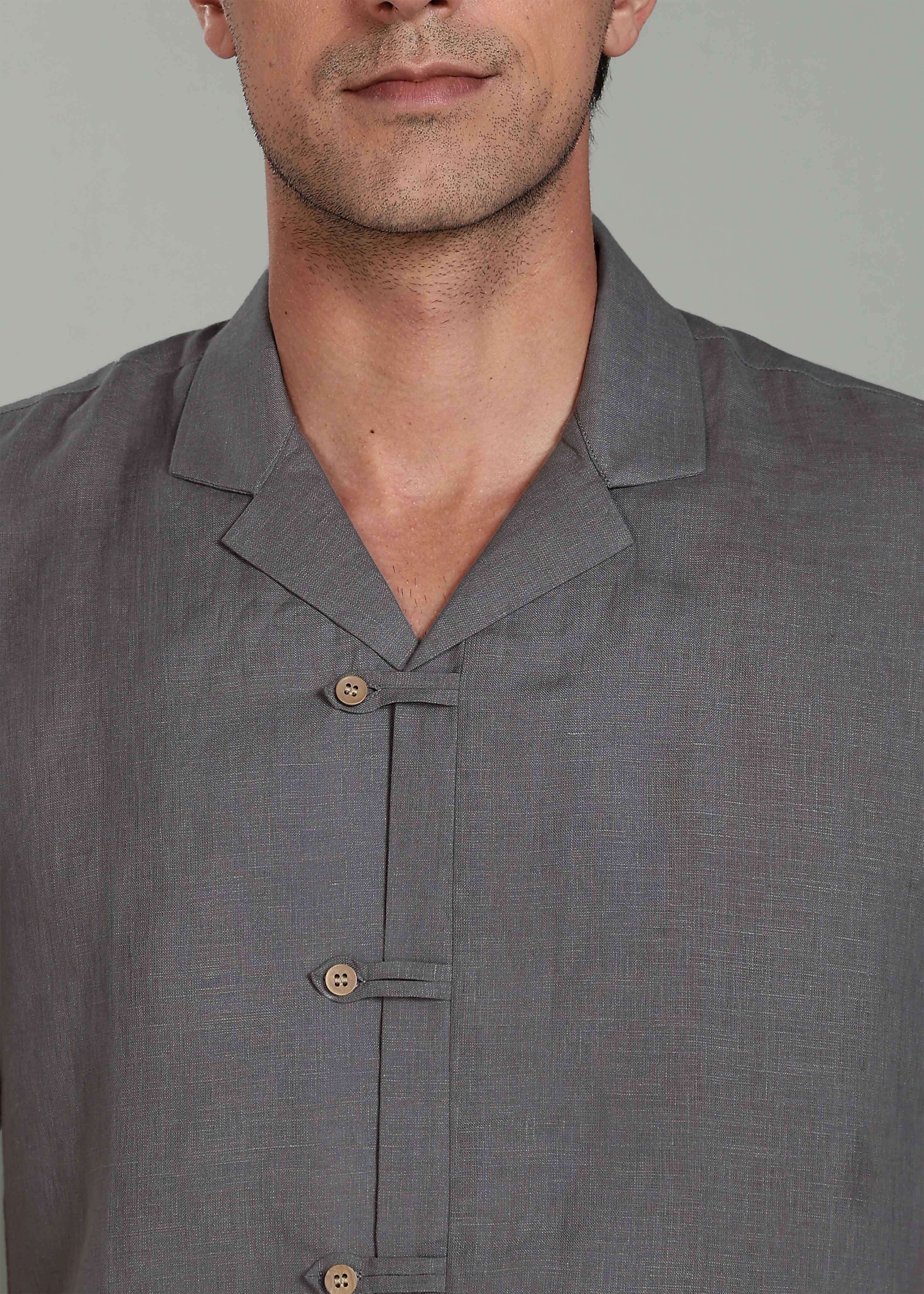 Charcoal Grey Cuban Collar Pure Linen Half Sleeve Shirt with