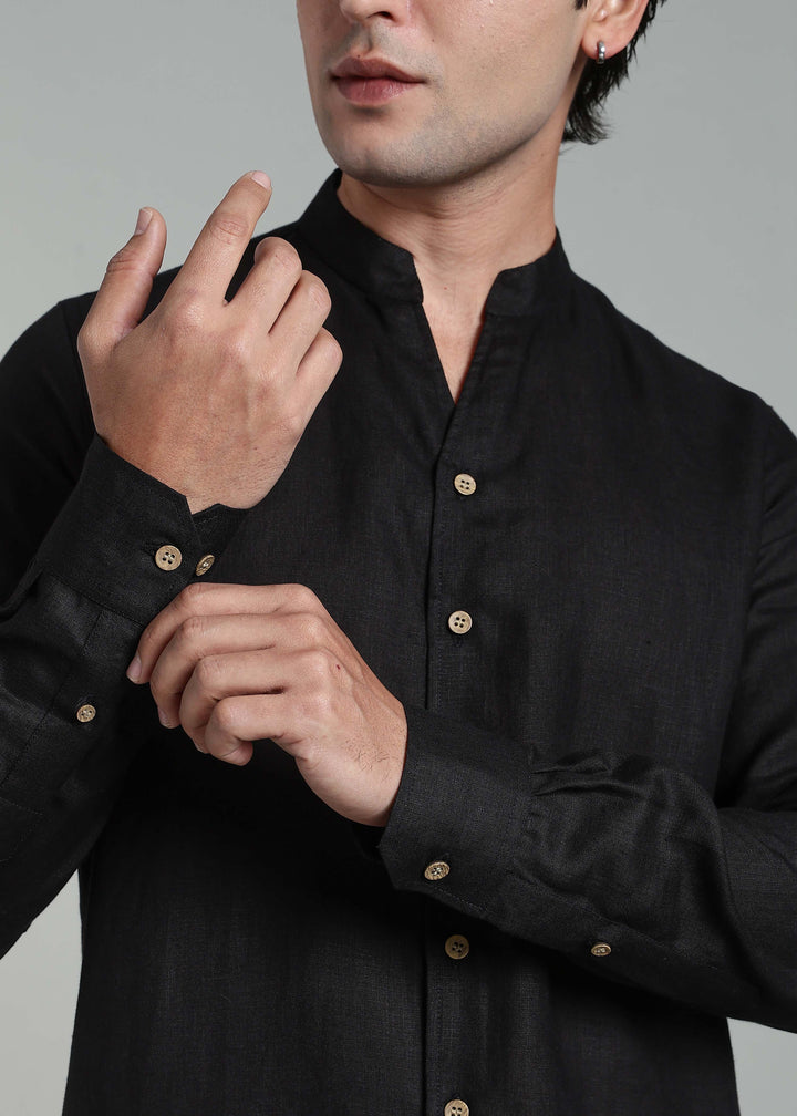 Craig - Pure Linen V Neck Full Sleeve Shirt - Black