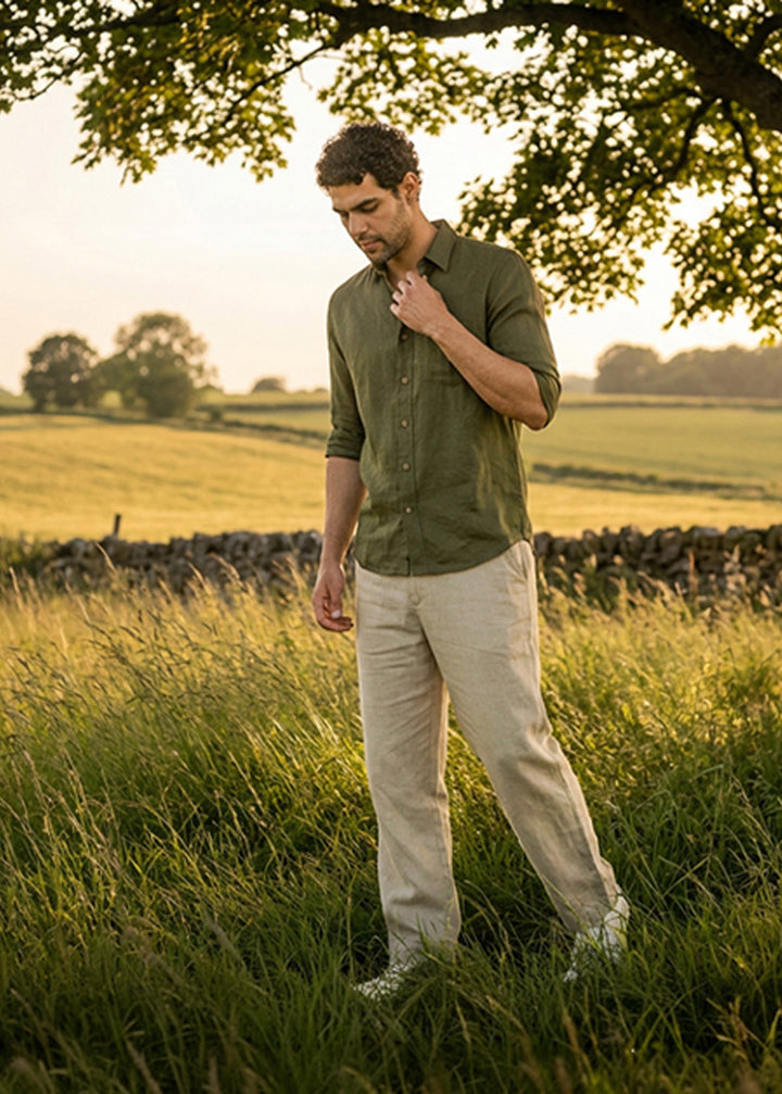 Moss Linen Set - Harvey Full Sleeve Shirt Moss Green and Breeze Ecru Trousers