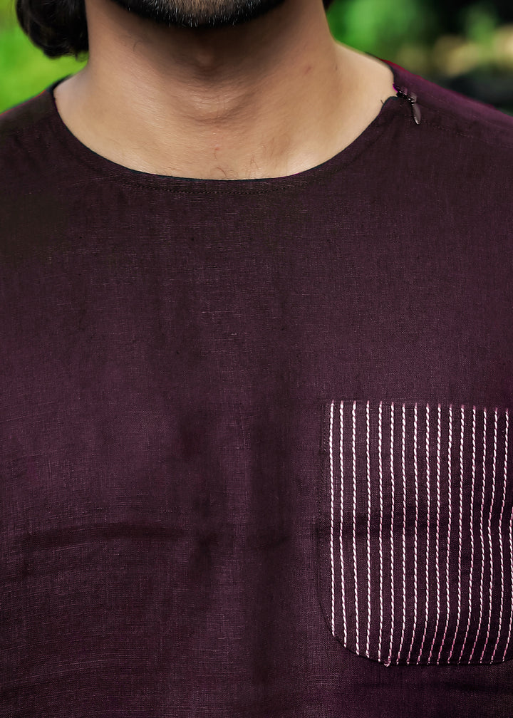 Simon - Pure Linen Stitch Detail Short Sleeve T-Shirt - Dark Purple (Factory Rescue)