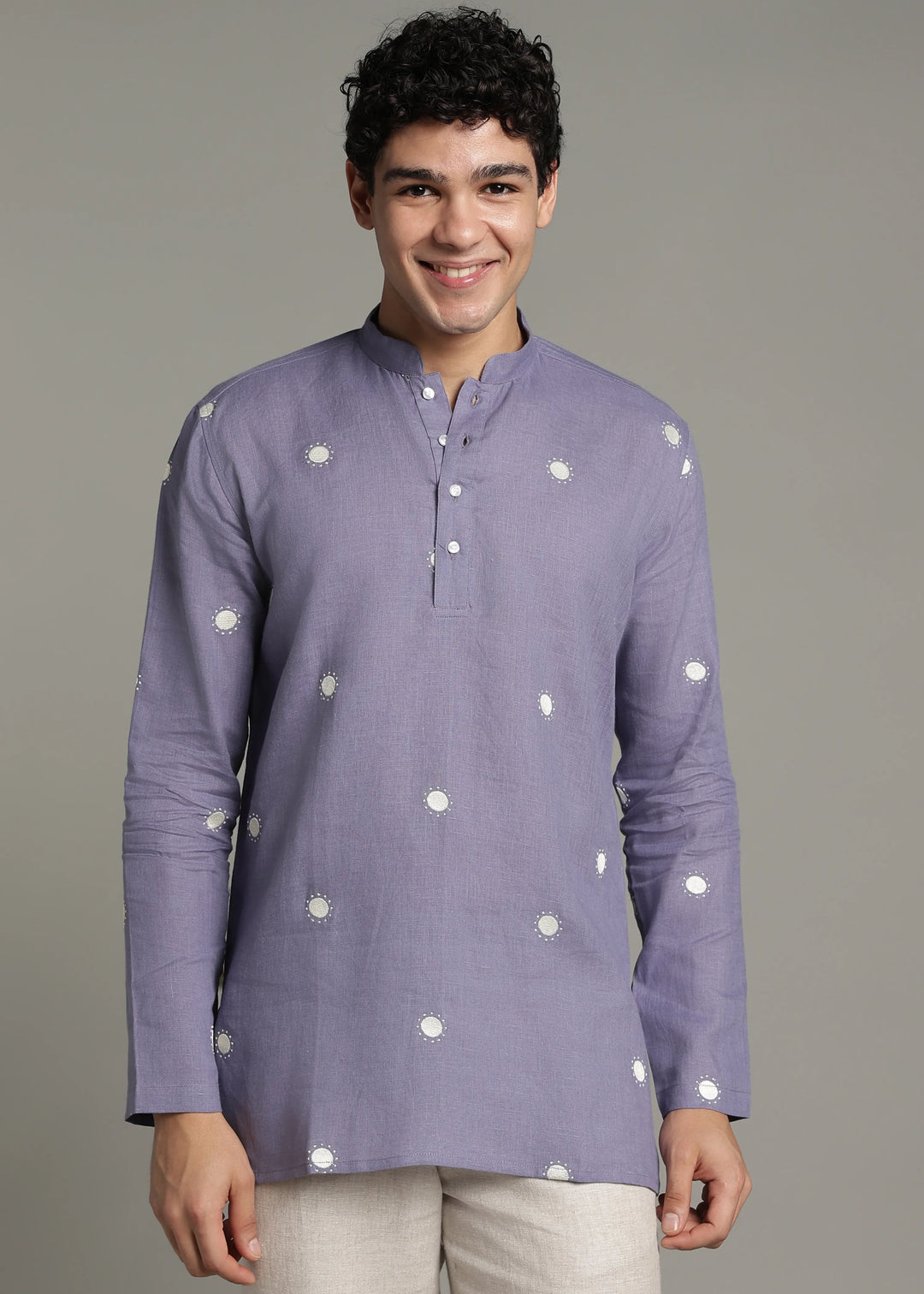 Dot - Pure Linen Embroidered Full Sleeve Short Kurta - Lavender Violet