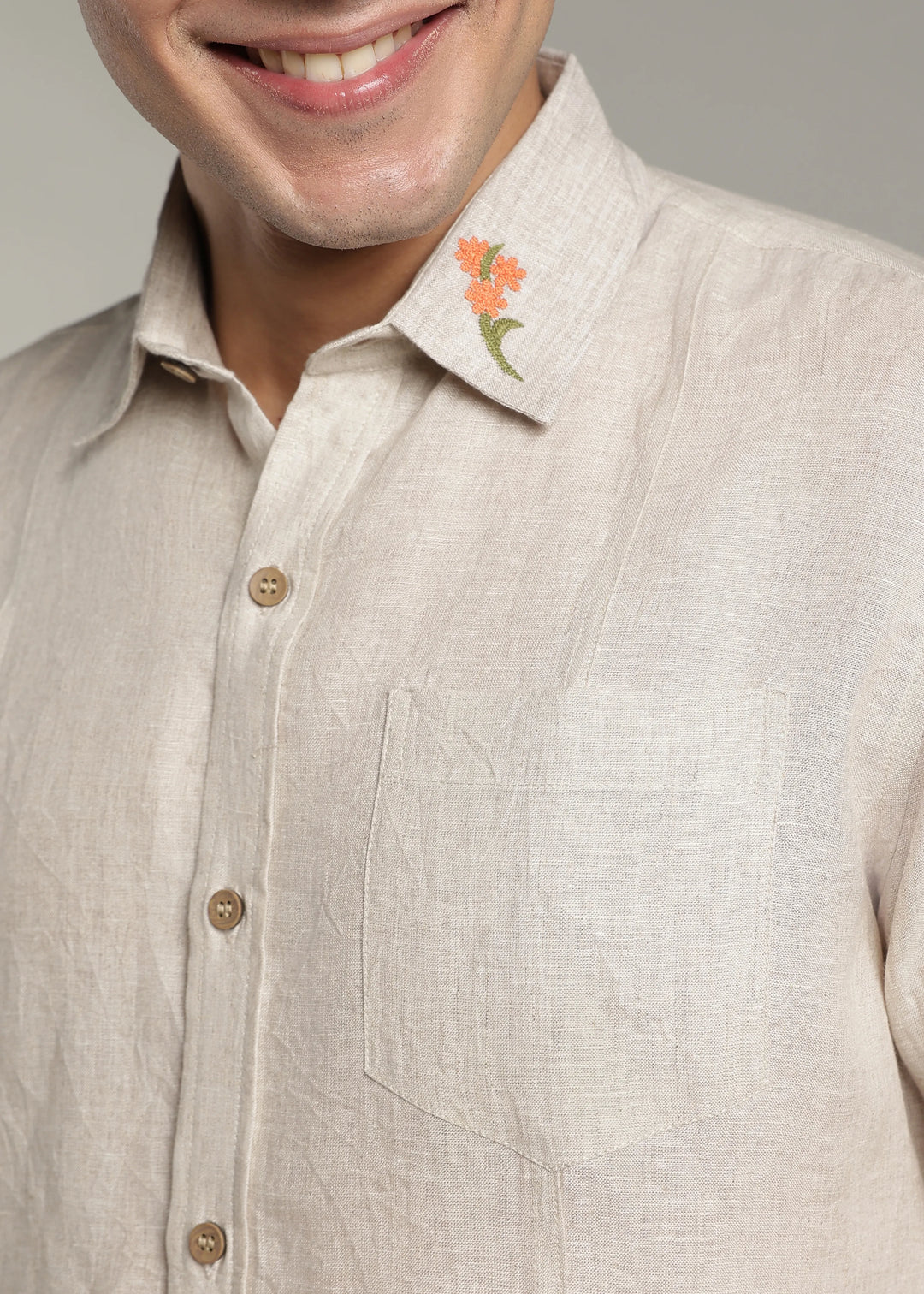 Amber - Pure Linen Full Sleeve Shirt with Embroidered Collar - Ecru