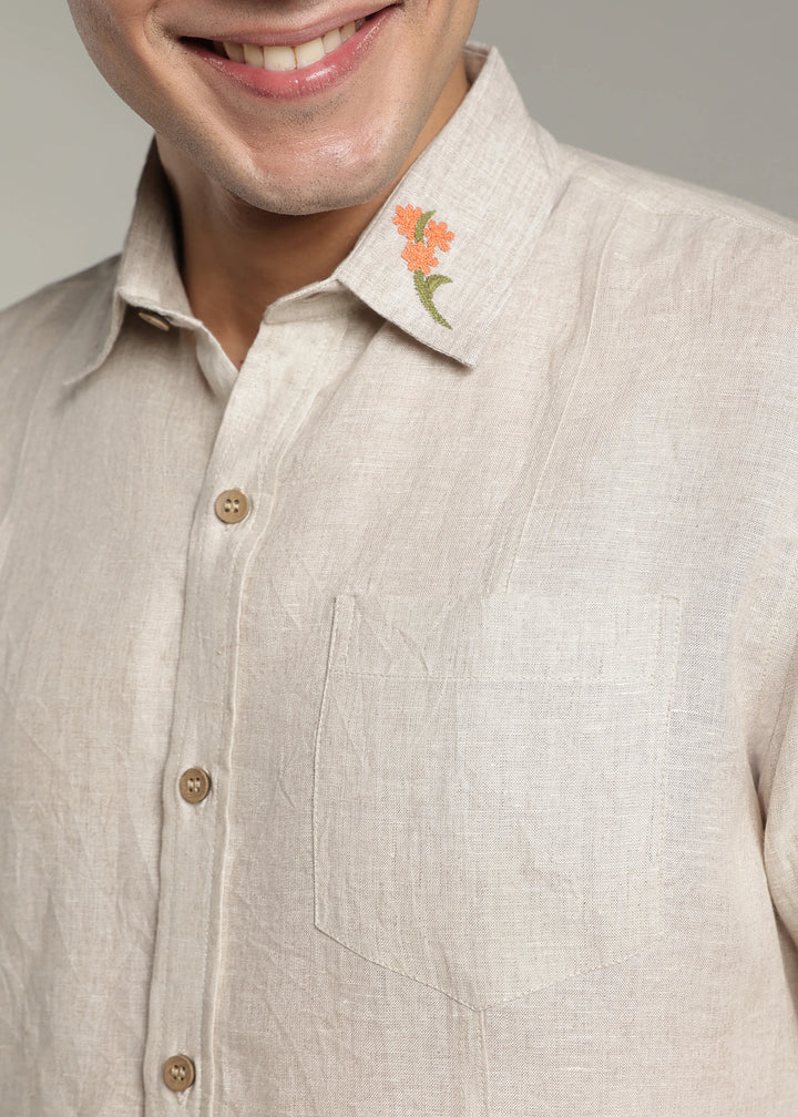 Amber - Pure Linen Full Sleeve Shirt with Embroidered Collar - Ecru