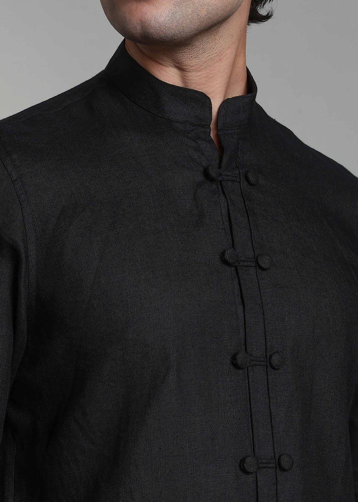Advik - Pure Linen Short Kurta with Double Button and Loop Closure - Black