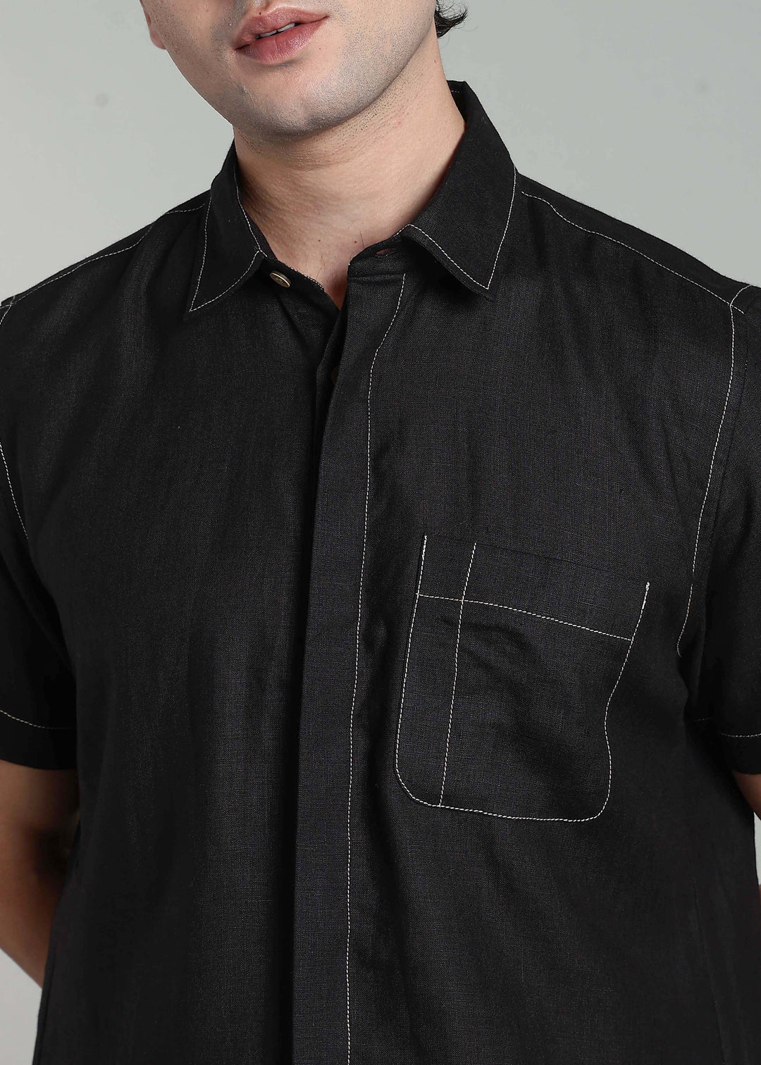 Paul - Pure Linen Stitch Detailed Half Sleeve Shirt - Black