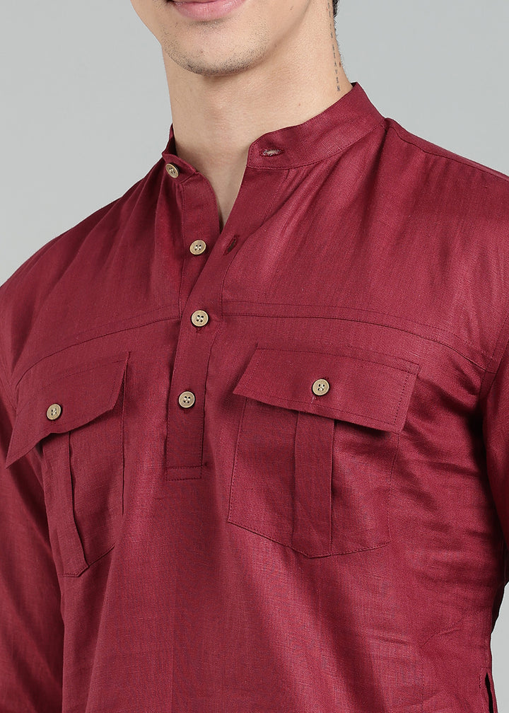 Karan - Pure Linen Mandarin Collar Regular Kurta - Red Wine