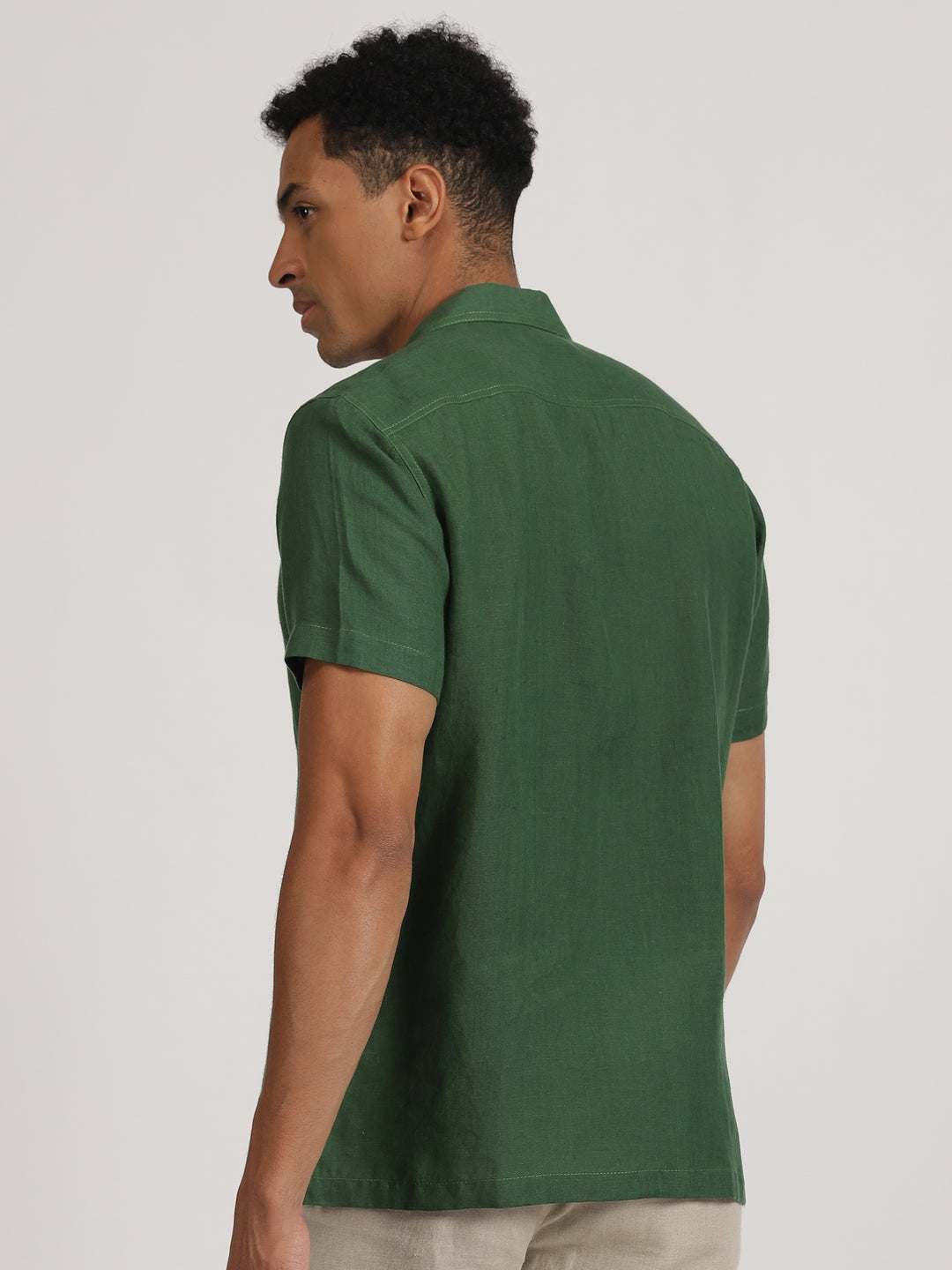 Earl - Pure Linen Half Sleeve Shirt With Stitch Details - Dark Green