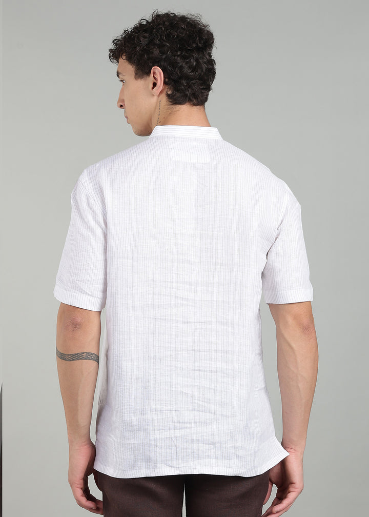 Zodiac - Pure Linen Mandarin Collar Relaxed T-Shirt - Brown Pinstripe