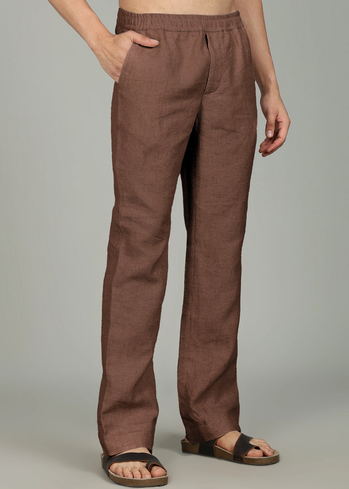 Gil -  Pure Linen Relaxed Straight Trousers - Walnut Brown