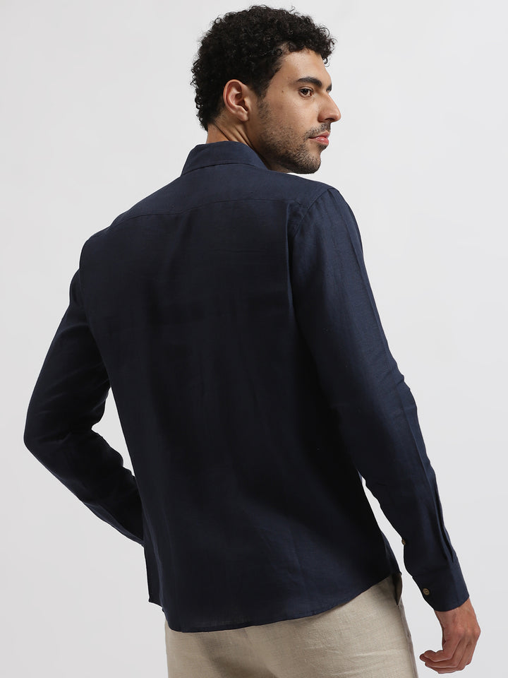 Xander - Pure Linen Double Pocket Embroidered Full Sleeve Shirt - Dark Blue