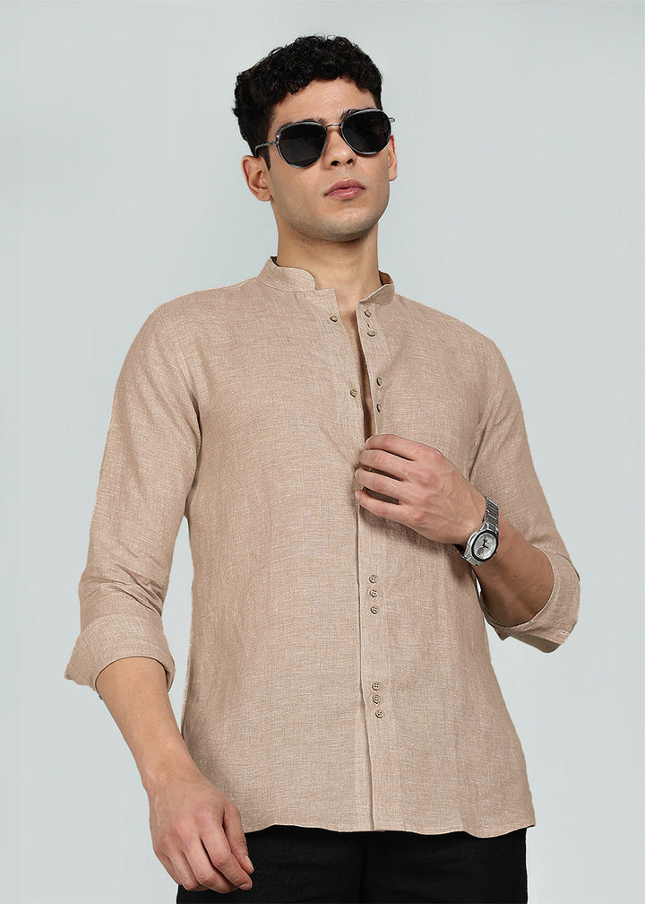Flint - Pure Linen Shirt with Mandarin Collar & Trio Button Detail - Oakwood Brown