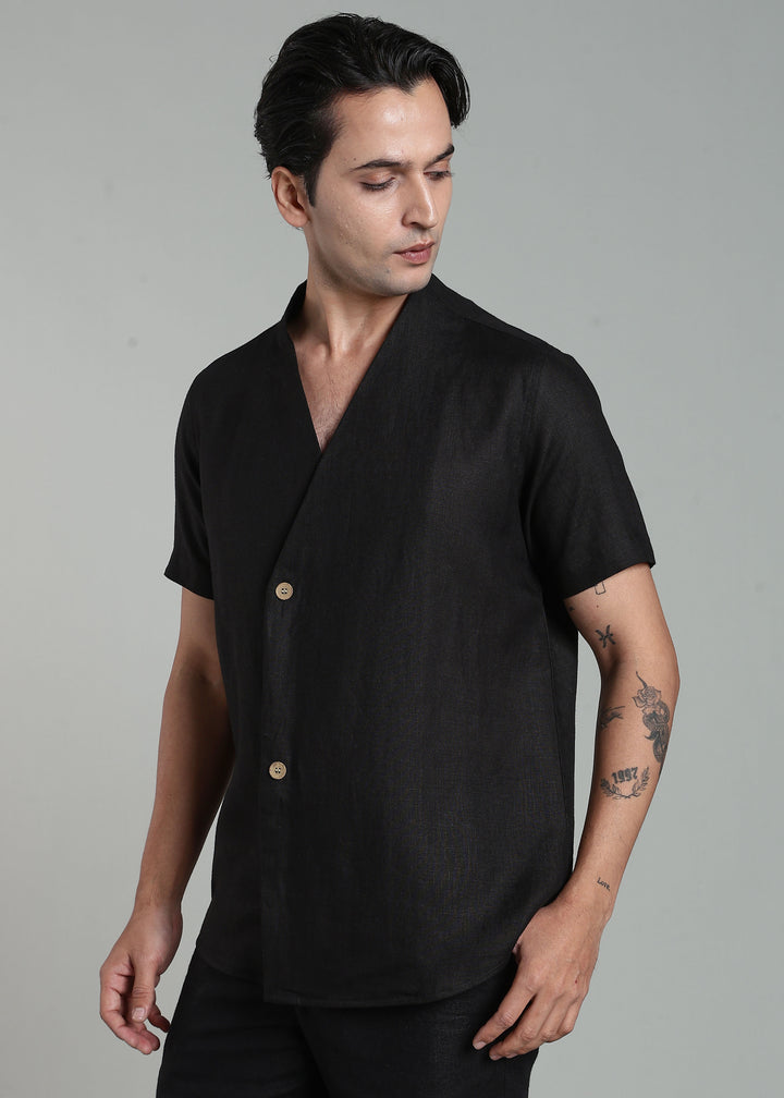 Void - Pure Linen Collarless Half Sleeve Shirt – Black