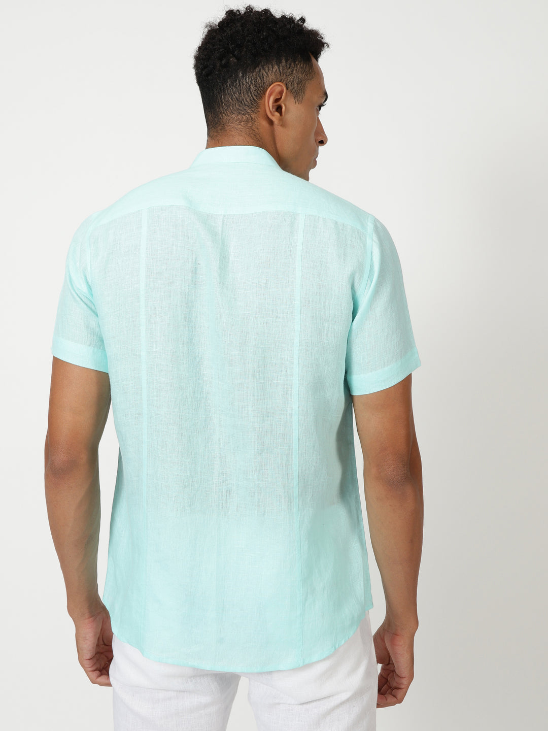 Trevor - Pure Linen Mandarin Collar Half Sleeve Shirt - Cyan Blue
