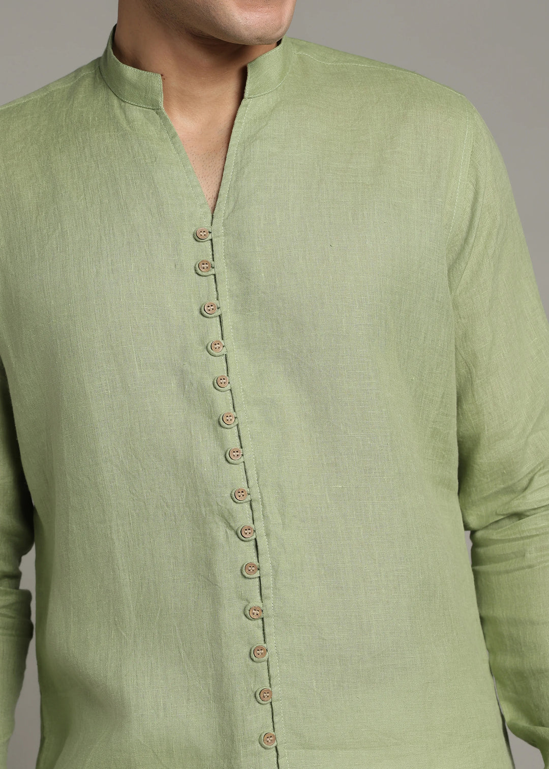 Yue - Pure Linen V Neck Full Sleeve Shirt - Peppermint Green