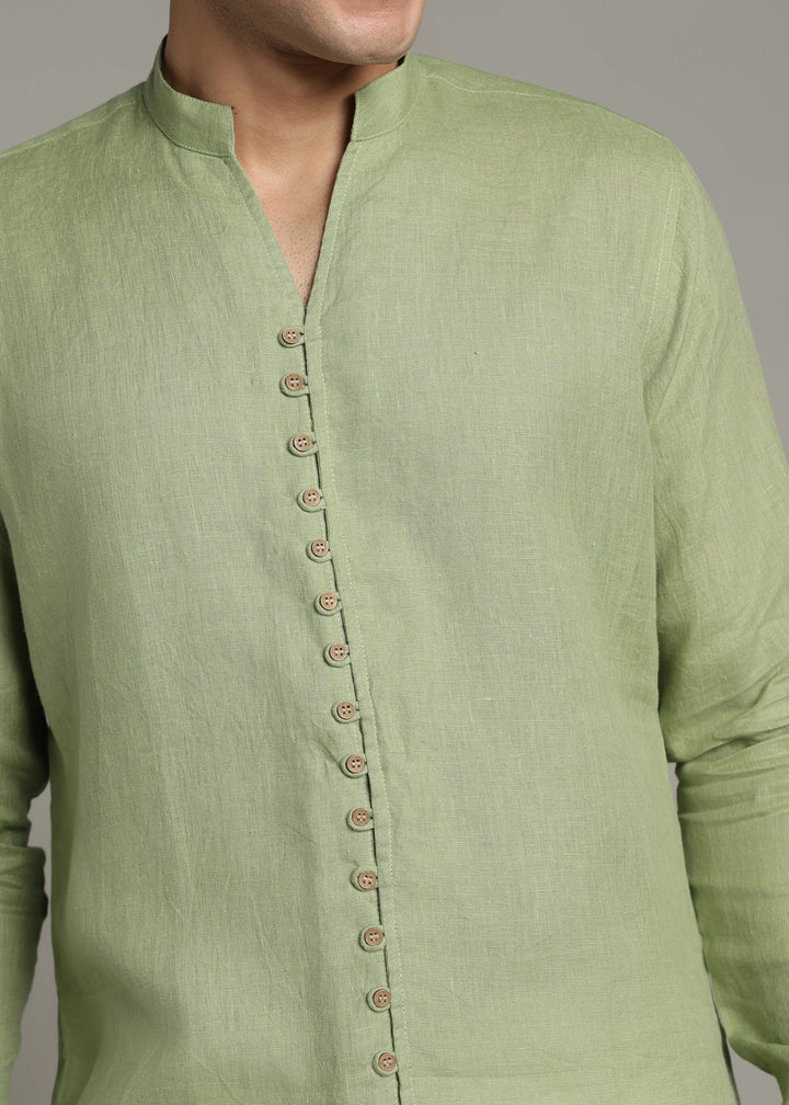 Yue - Pure Linen V Neck Full Sleeve Shirt - Peppermint Green