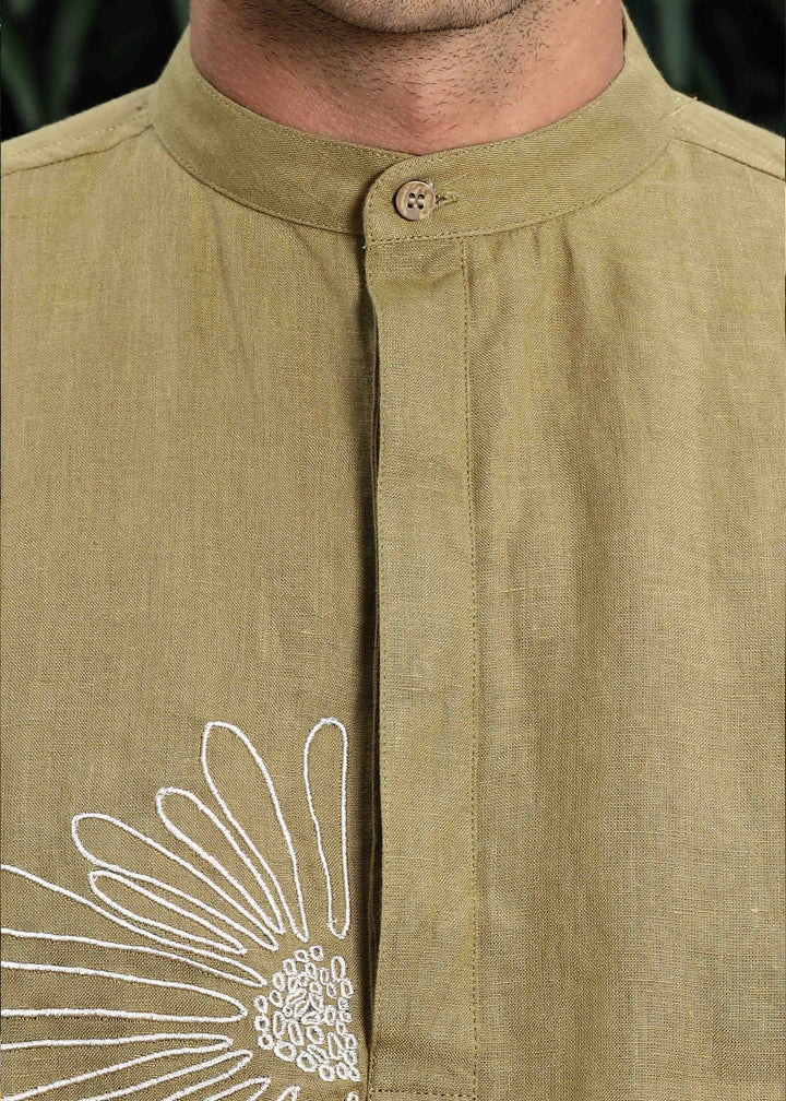 Yash Kurta - Pure Linen Kurta with Floral Embroidery | Golden Olive Green