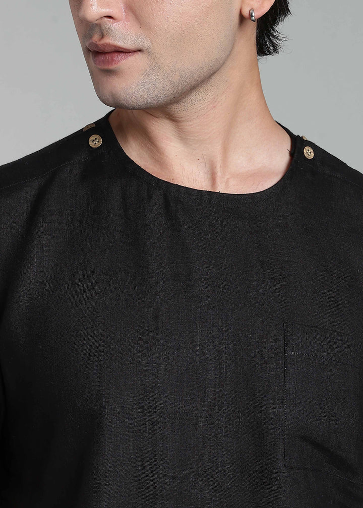 Nero - Pure Linen T-Shirt with Side Double Button Closure – Black