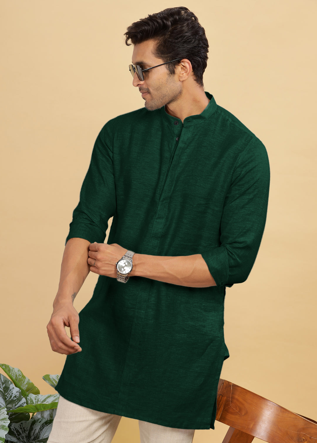 Sid Kurta - Pure Linen Kurta with Concealed Placket | Dark Pine Green
