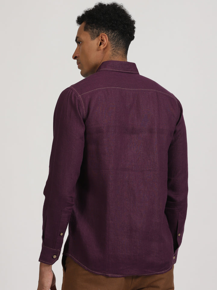 Paul - Pure Linen Stitch Detailed Full Sleeve Shirt - Dark Purple
