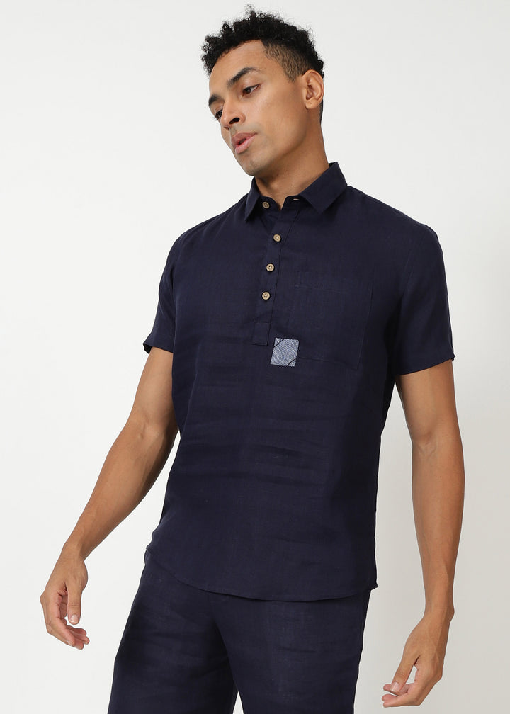 Matteo Pure Linen T-Shirt - Dark Blue