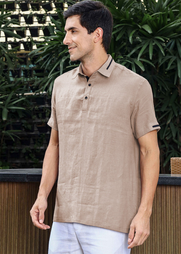 Jack - Pure Linen Polo T-Shirt - Fawn Pink