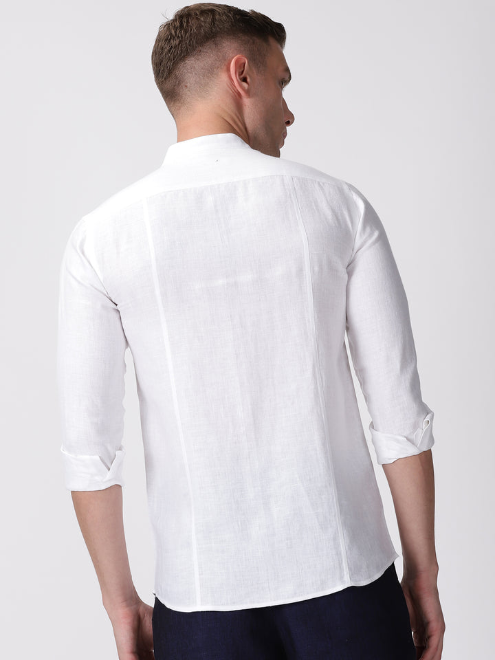 Trevor - Pure Linen Mandarin Collar Full Sleeve Shirt - White