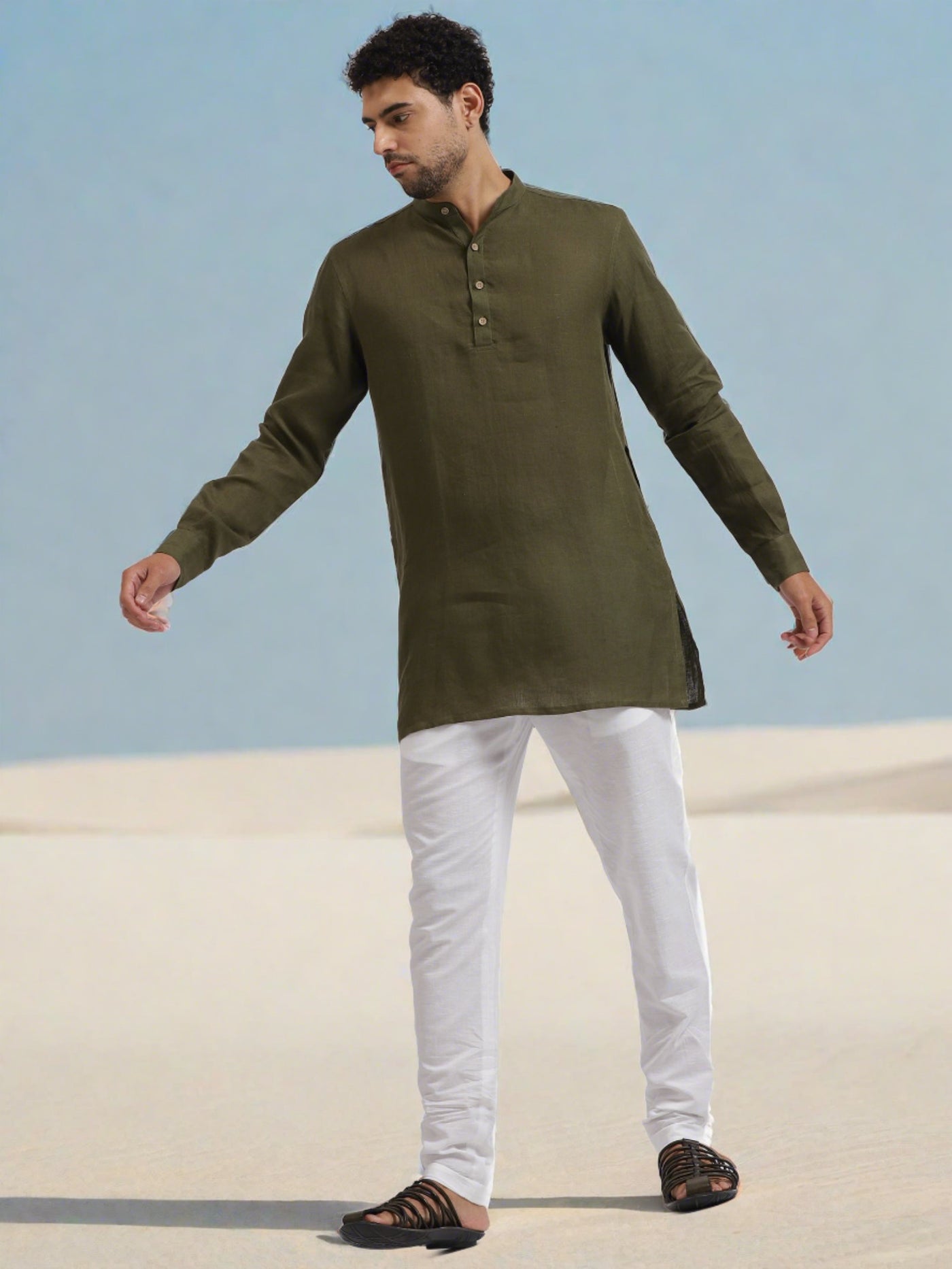 Kurta Sets - Parker Pure Linen Short Kurta | Moss Green