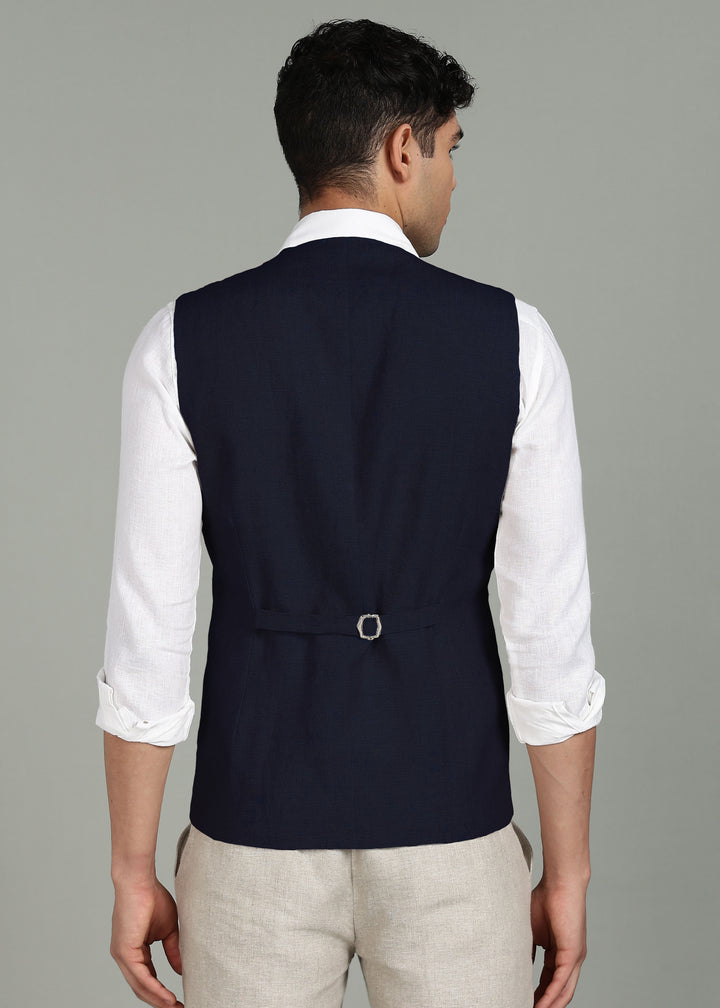 Clyde Pure Linen Waist Coat - Dark Blue