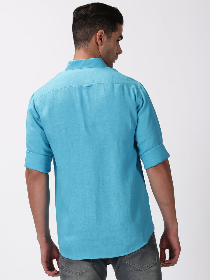 Kian - Pure Linen Regular Collar Full Sleeve Shirt - Aqua Blue