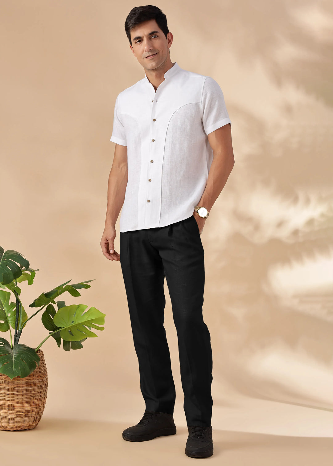 Foster - Pure Linen Trousers with Stylised Waistband - Black