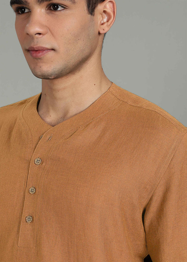 Ruben - Pure Linen Baseball Jersey Neckline T-Shirt - Mustard Brown