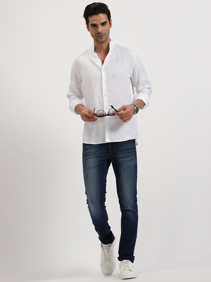 Craig - Pure Linen V Neck Full Sleeve Shirt - White