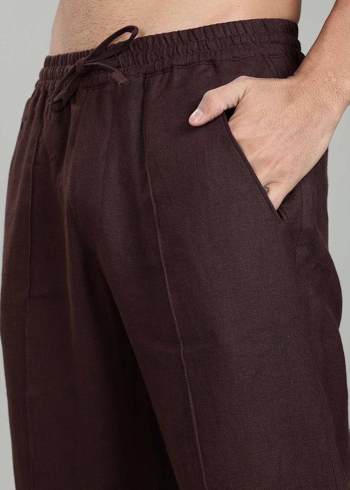 Art Pants - Pure Linen Elastic Casual Pants with Drawstrings - Cocoa Brown